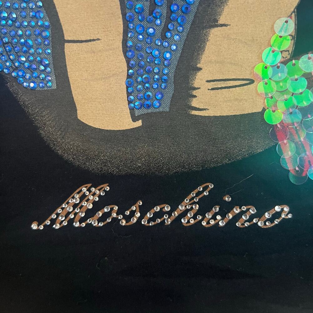 Love Moschino Rhinestone 3D Dog T-shirt Luxury Designer Granny Glasses Bow XS - Picture 5 of 9